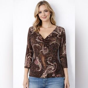 Vintage Y2K Paisley Ruched V-Neck Top Brown Pink Sparkle Sheer Stretch Boho